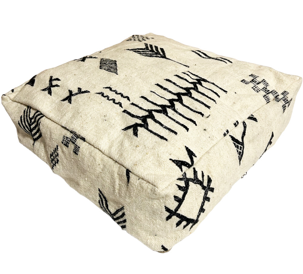 Marokkaanse kelim vloerpoef 60 x 60 x 25 cm – handgeweven wol, crème met zwart