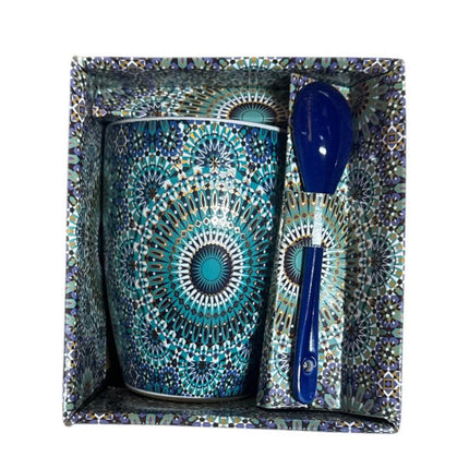 Mug marocain avec mandala zellige et cuillère – Céramique – Bleu/Turquoise – Cuillère bleu foncé