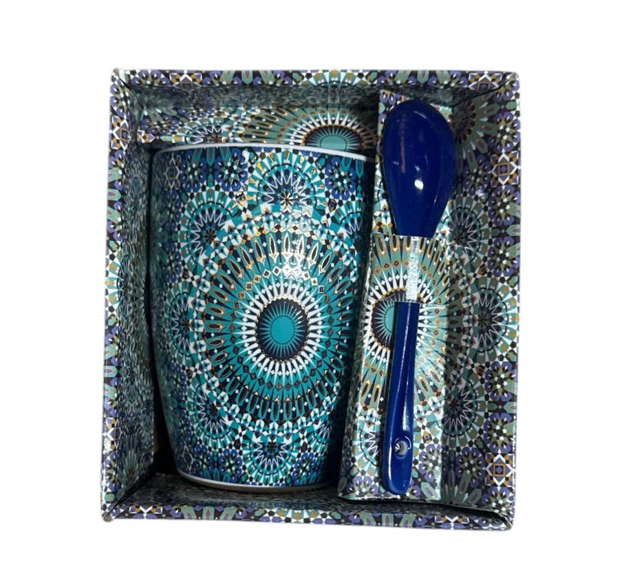 Moroccan Mug with Zellij Mandala & Spoon – Ceramic – Blue/Turquoise – Dark Blue Spoon