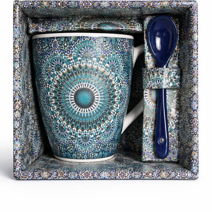 Mug marocain avec mandala zellige et cuillère – Céramique – Bleu/Turquoise – Cuillère bleu foncé