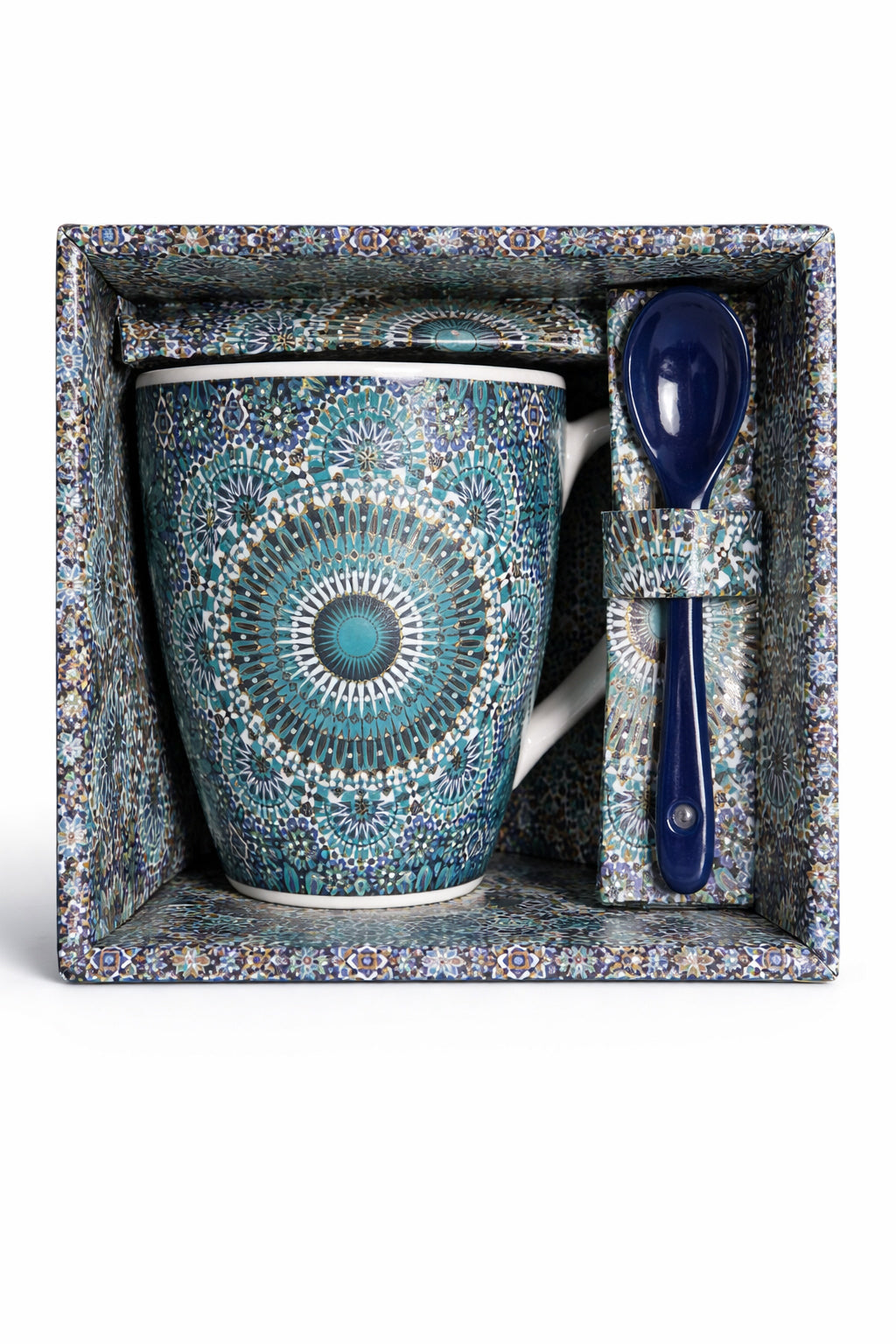 Moroccan Mug with Zellij Mandala & Spoon – Ceramic – Blue/Turquoise – Dark Blue Spoon