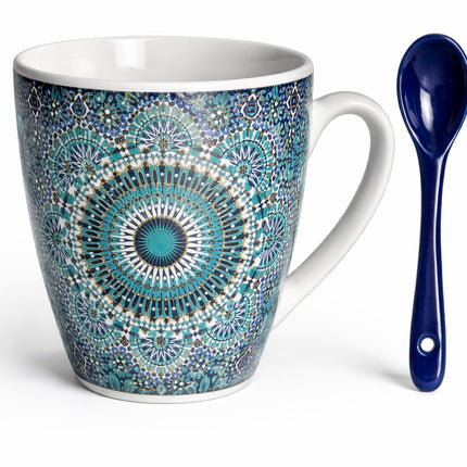Mug marocain avec mandala zellige et cuillère – Céramique – Bleu/Turquoise – Cuillère bleu foncé