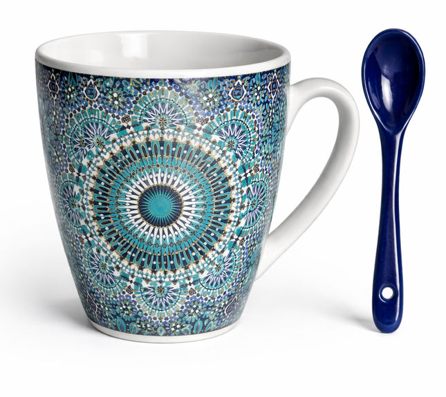 Mug marocain avec mandala zellige et cuillère – Céramique – Bleu/Turquoise – Cuillère bleu foncé