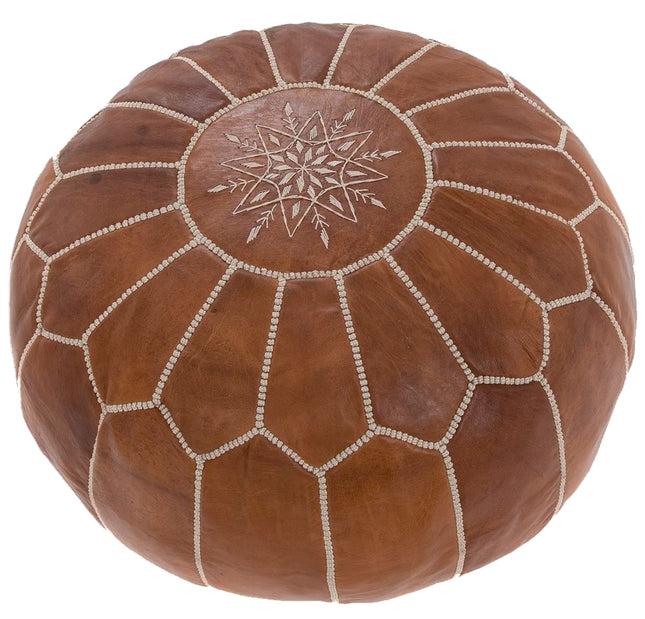 Pouf marocain en cuir - Marron bois - Fait main et élégant