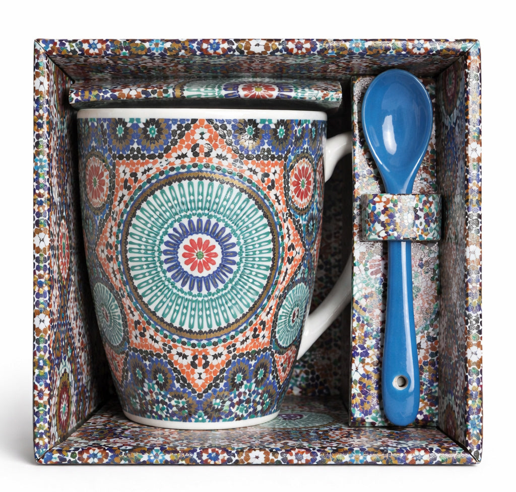 Moroccan Mug with Zellij Mandala & Spoon – Ceramic – Multicolor – Blue Spoon