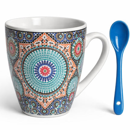 Mug marocain avec mandala Zellij et cuillère – Céramique – Multicolore – Cuillère bleue