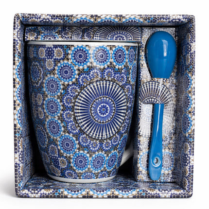 Mug Marocain avec Mosaïque Zellij & Cuillère – Céramique – Bleu – (±350 ml)