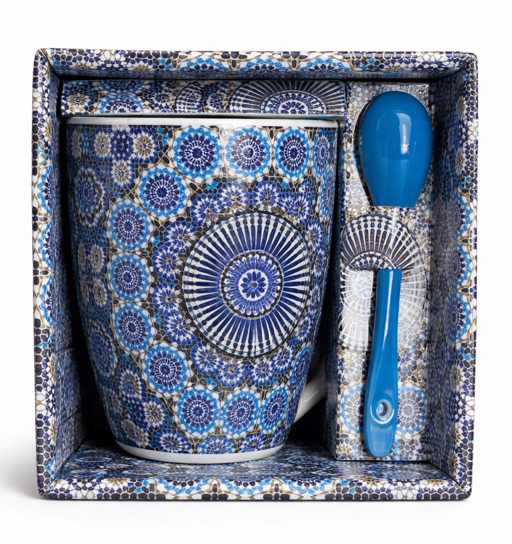 Marokkaanse Mok met Zellij Mozaïek & Lepel – Keramisch – Blauw – (±350 ml)