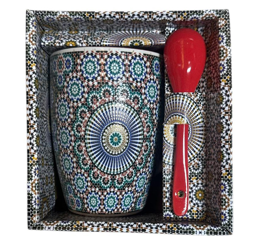 Moroccan Mug with Zellij Mosaic & Spoon – Ceramic – Blue/White