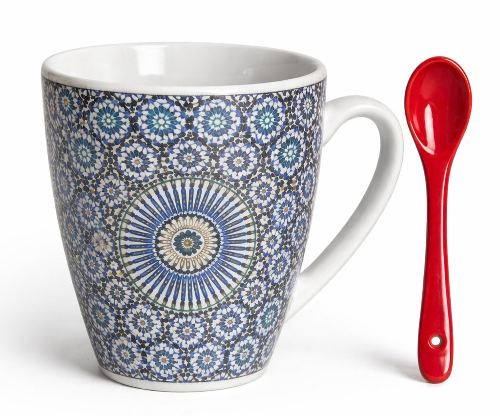 Moroccan Mug with Zellij Mosaic & Spoon – Ceramic – Blue/White