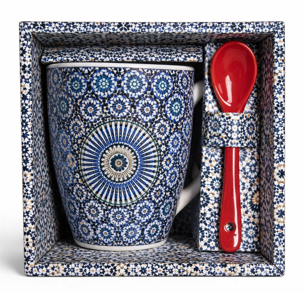 Moroccan Mug with Zellij Mosaic & Spoon – Ceramic – Blue/White