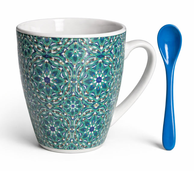 Mug Marocain avec Mosaïque Zellige & Cuillère – Céramique – Vert/Bleu – 12 oz (±350 ml)