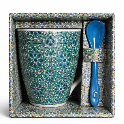 Mug Marocain avec Mosaïque Zellige & Cuillère – Céramique – Vert/Bleu – 12 oz (±350 ml)