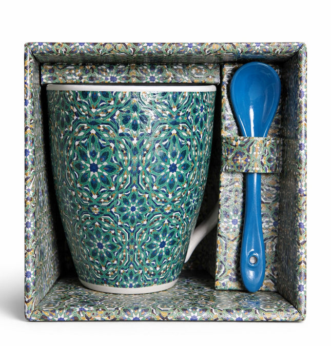 Mug Marocain avec Mosaïque Zellige & Cuillère – Céramique – Vert/Bleu – 12 oz (±350 ml)
