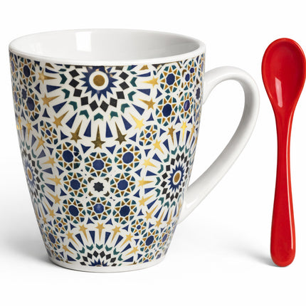 Mug Marocain avec motif étoile Zellij et cuillère – Céramique – Blanc/Bleu/Doré – Rouge