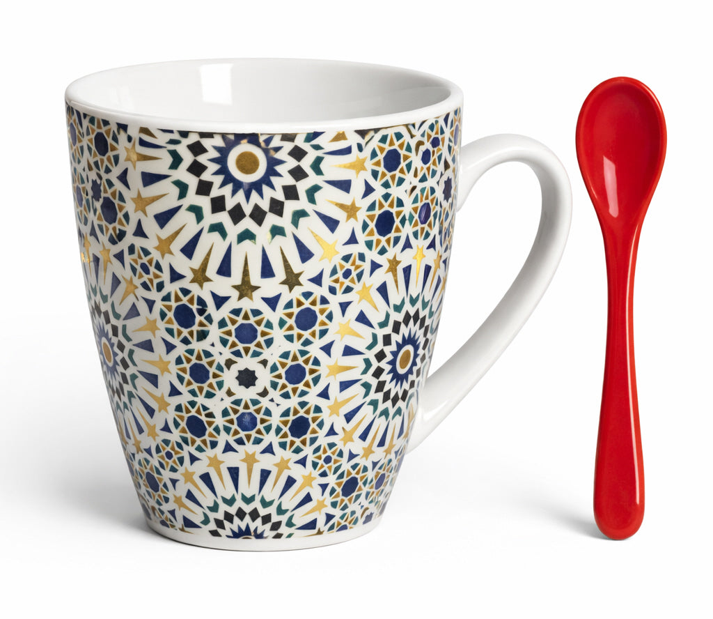 Moroccan Mug with Zellij Star Pattern & Spoon – Ceramic – White/Blue/Gold – Red