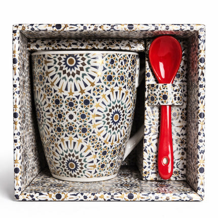 Mug Marocain avec motif étoile Zellij et cuillère – Céramique – Blanc/Bleu/Doré – Rouge