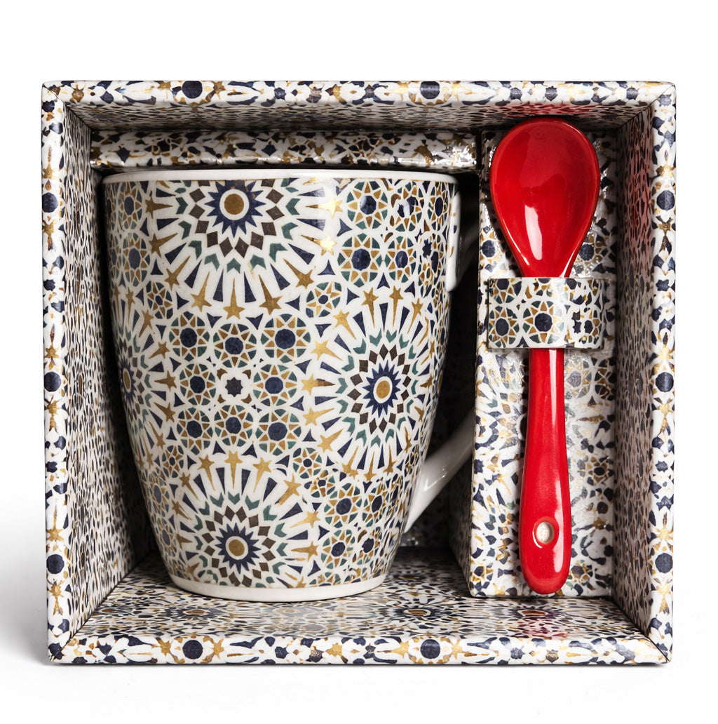 Moroccan Mug with Zellij Star Pattern & Spoon – Ceramic – White/Blue/Gold – Red