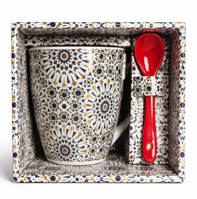 Mug Marocain avec motif étoile Zellij et cuillère – Céramique – Blanc/Bleu/Doré – Rouge