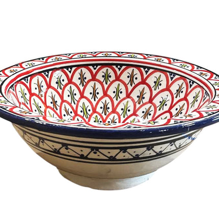 Vasque Marocaine 35cm – Céramique Faite Main – Design Rouge et Bleu – Lavabo en Céramique Unique
