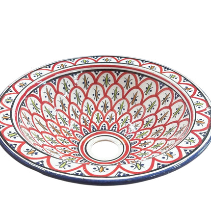 Vasque Marocaine 35cm – Céramique Faite Main – Design Rouge et Bleu – Lavabo en Céramique Unique