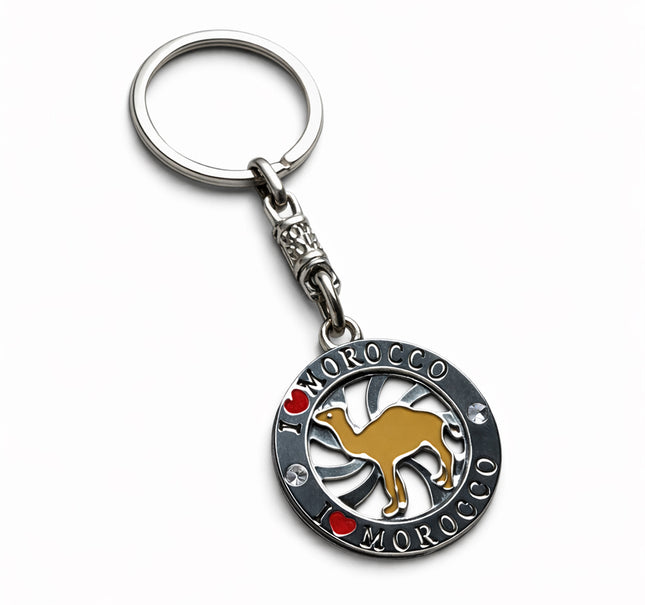 Maroc Porte-clés avec Chameau – Rond en Métal – Accessoire Souvenir