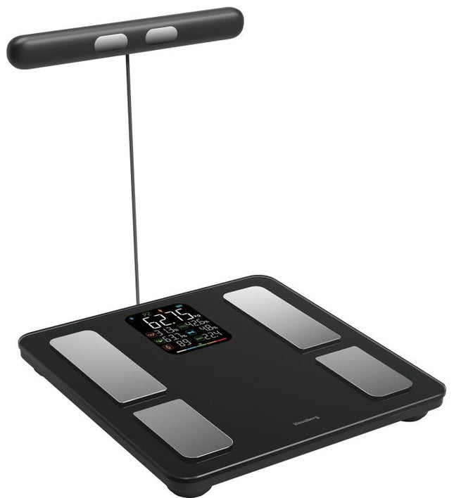 Klausberg Pèse-personne intelligent Bluetooth avec analyse corporelle et poignée – Poids, IMC, Graisse corporelle, Masse musculaire, Écran couleur