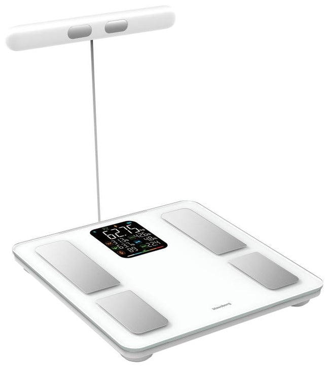 Klausberg Pèse-personne intelligent Bluetooth avec analyse corporelle et poignée – Poids, IMC, Graisse corporelle, Masse musculaire, Écran couleur