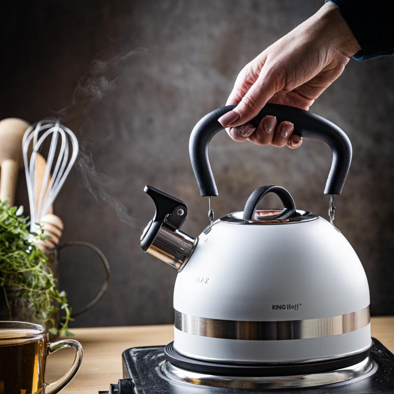 KingHoff RVS Fluitketel 1, 8L Wit – Compact, Met Fluitsignaal en Ergonomisch Handvat