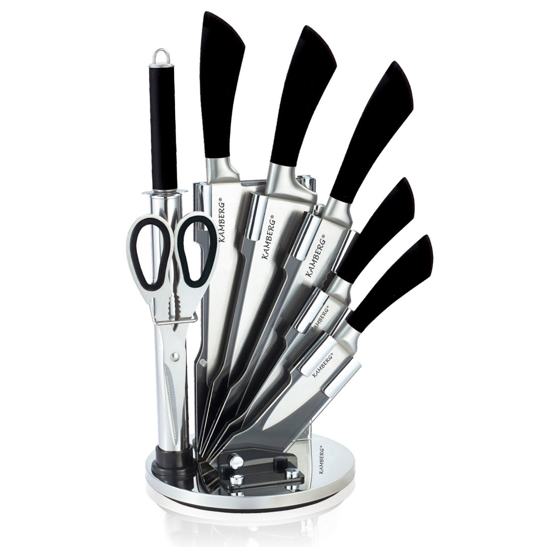 Luxury 8-Piece Knife Set Including Stand - Kitchen Knives - Silver / Stainless Steel - Incl. Knife Sharpener