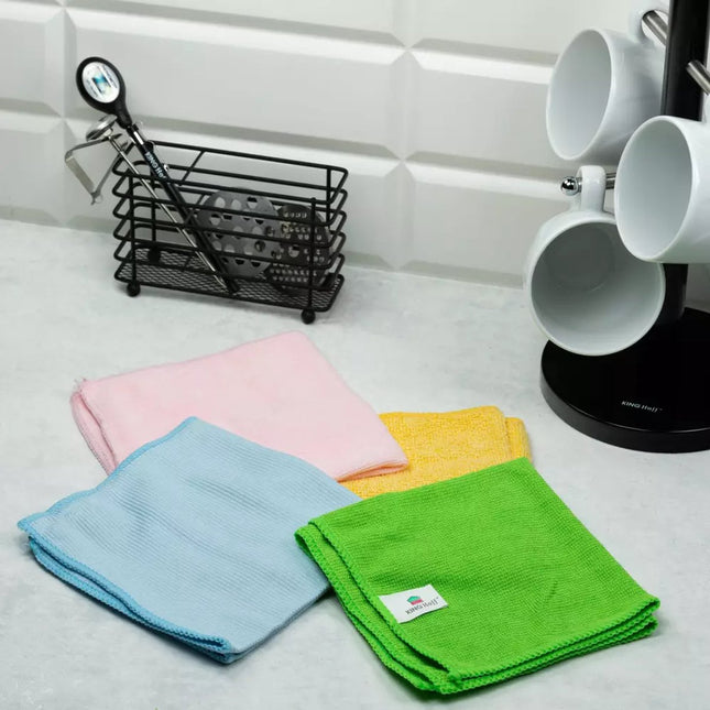 Kinghoff KH2115 Ensemble de Chiffons Microfibres - Chiffons Codés par Couleur en 4 Pièces (32x32 cm) pour Meubles, Verre, Cuisine et Plus Encore