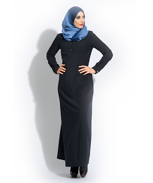 Abaya dark navy – donkerblauwe abaya met kraag en ceintuur, slank model