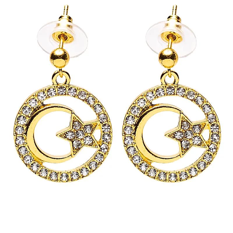 Gold-colored moon and star earrings