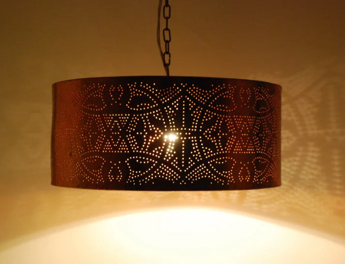 Oriental filigree pendant lamp cylinder copper leaf