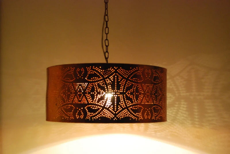 Oriental filigree pendant lamp cylinder copper leaf