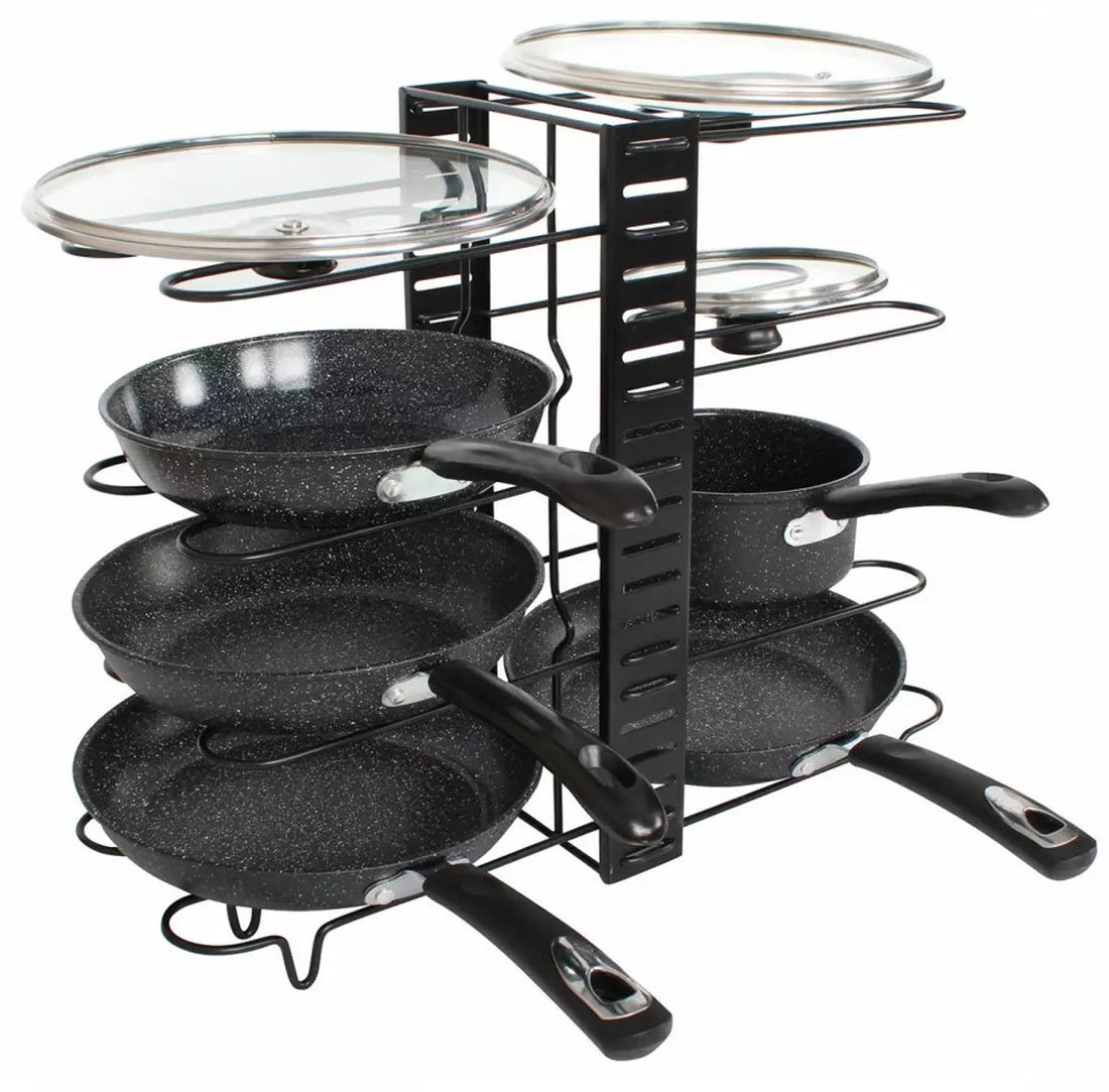Pfannenorganizer - 8 Fächer - Schwarz - 47 x 20,5 x 38 cm - Aufbewahrungsregal für Pfannen, Töpfe und Deckel