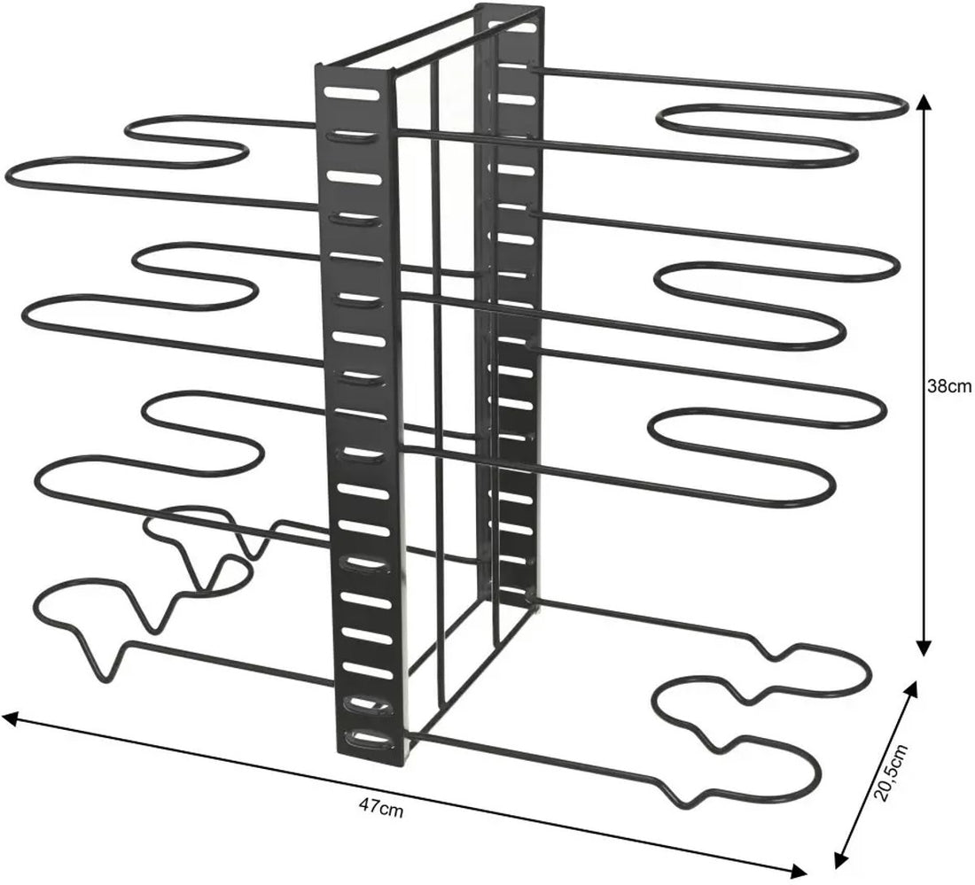 Pfannenorganizer - 8 Fächer - Schwarz - 47 x 20,5 x 38 cm - Aufbewahrungsregal für Pfannen, Töpfe und Deckel