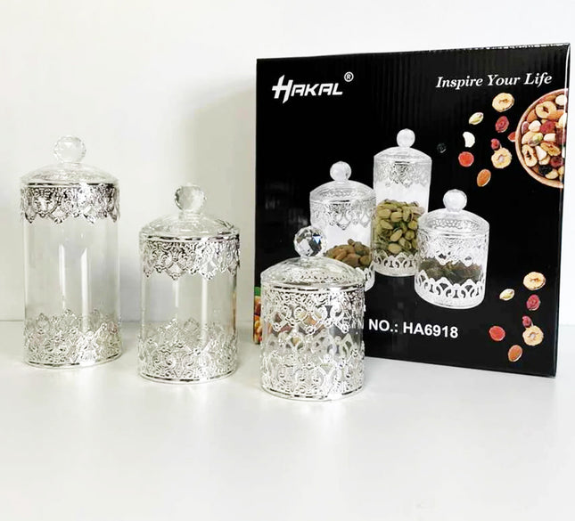 Opbergpotjes,glazen voorraadpotjes, glazen voedselpotjes zilver(3 stuks )