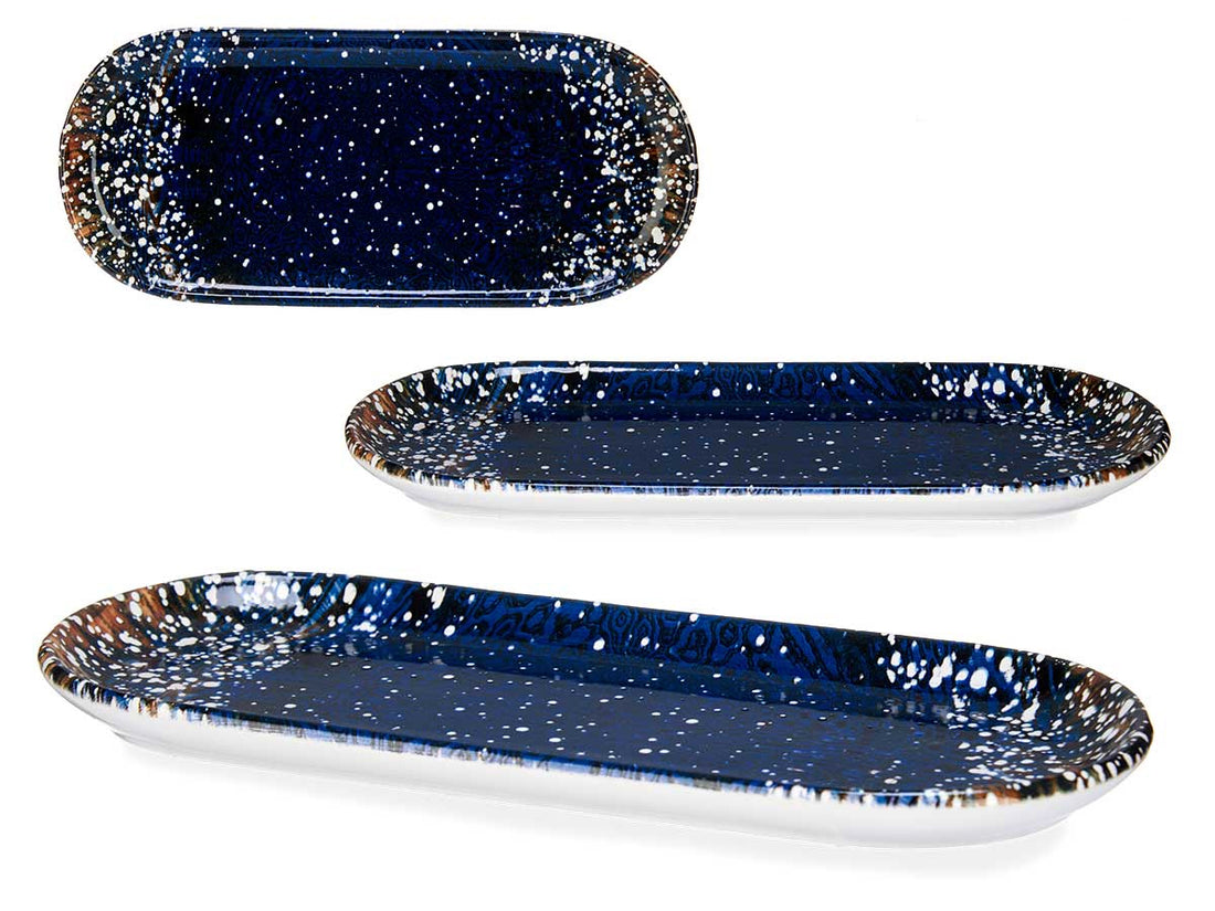 Blauwe serveerschaal van porselein – ovaal, met patroon, 34,5 x 15 cm