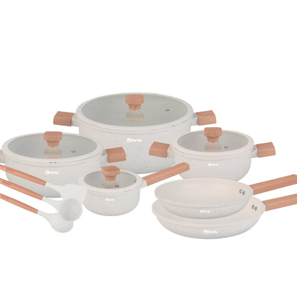 Batterie de cuisine 13 pièces - Granit, revêtement antiadhésif - Poignées froides ergonomiques - Toutes sources de chaleur - Ensemble d'ustensiles de cuisine avec rôtissoire, marmite, casserole