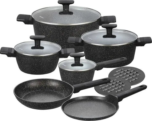 KLAUSBERG Batterie de cuisine 12 pièces en marbre - Noir - Avec couvercles en verre - Compatible induction et toutes sources de chaleur