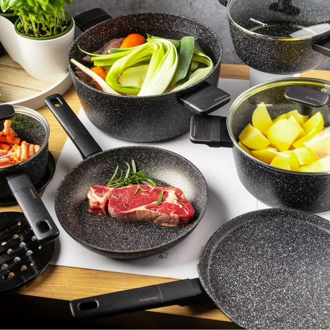 KLAUSBERG Batterie de cuisine 12 pièces en marbre - Noir - Avec couvercles en verre - Compatible induction et toutes sources de chaleur
