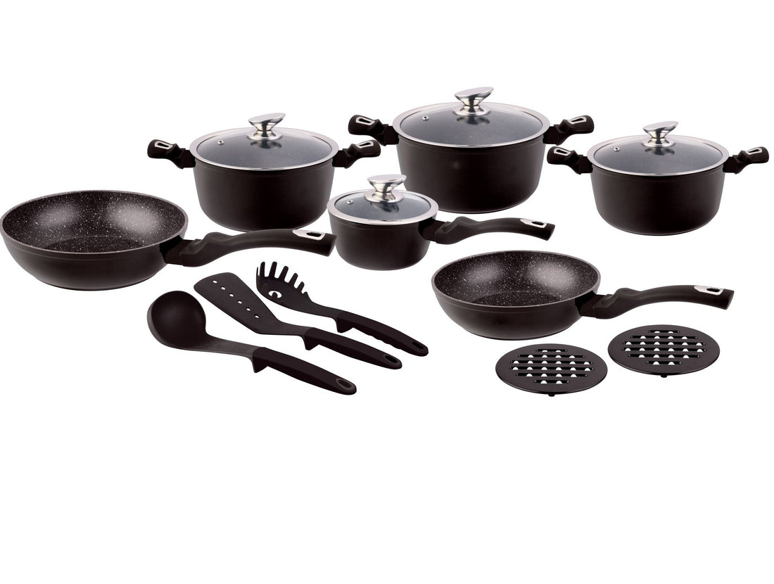 Pannenset - Kookpan - Inductie - 15 delig marmeren coating - Zwart