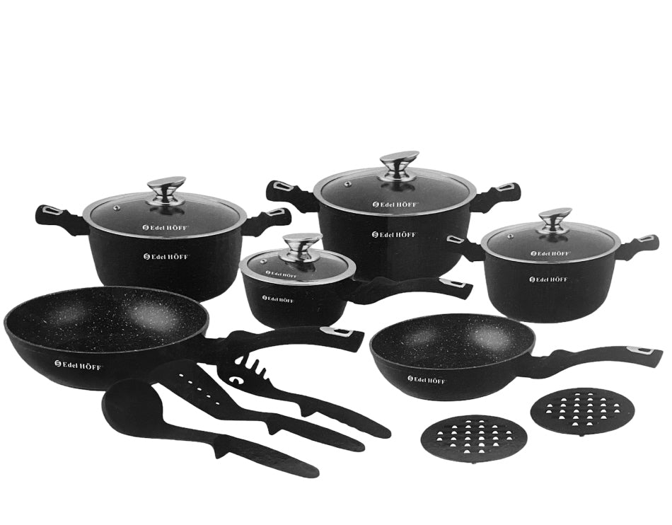Pannenset - Kookpan - Inductie - 15 delig marmeren coating - Zwart