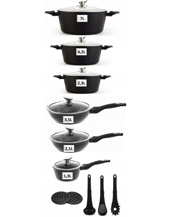 Pannenset - Kookpan - Inductie - 15 delig marmeren coating - Zwart
