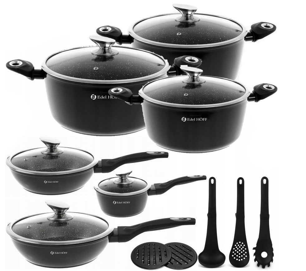 Pannenset - Kookpan - Inductie - 15 delig marmeren coating - Zwart