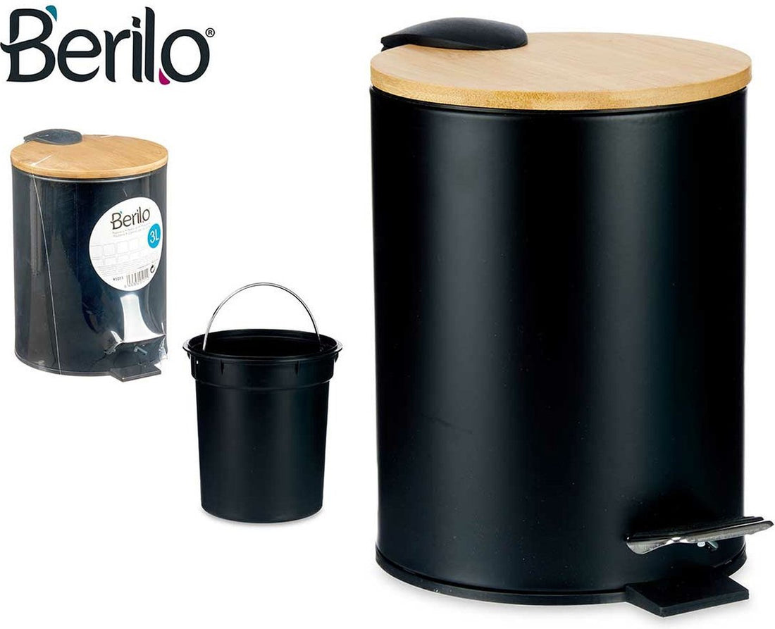 Prullenbak / pedaalemmer - 3 liter - metaal / bamboe - 17 x 23, 5 cm