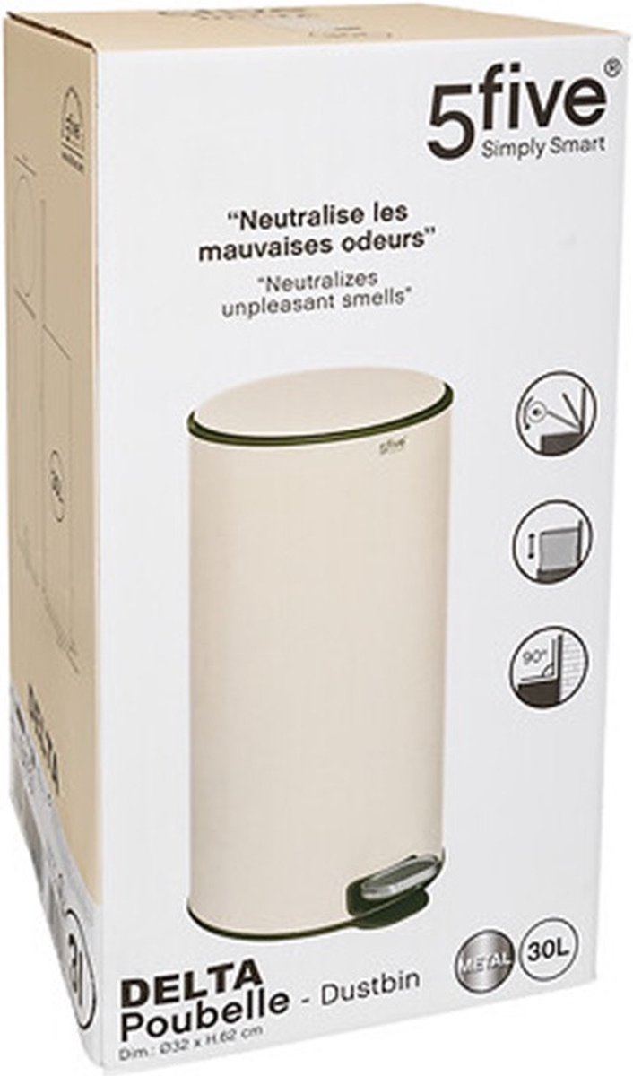 5Five Delta Waste Bin/Pedal Bin - beige - metal - 30 litres - 39 x 33 x 62 cm - kitchen trash can