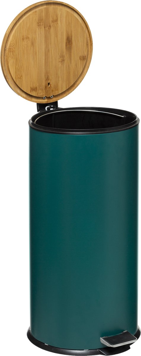 5Five Bamboo trash can/pedal bin - petrol blue - metal - 30 liters - 38 x 29 x 60 cm - kitchen