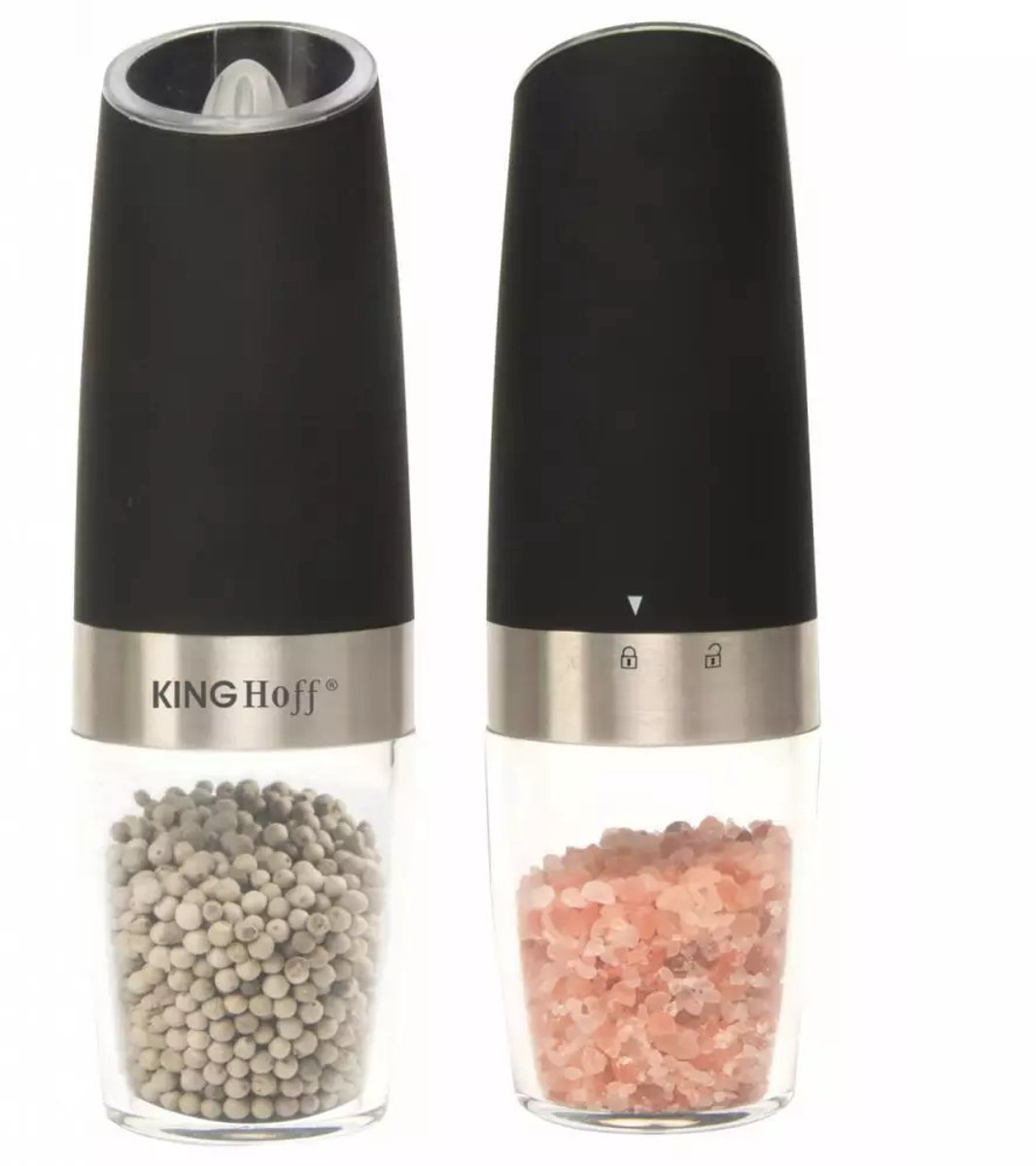 Kinghoff Set van 2 Zwaartekracht Peper- en Zoutmolens - Elektrisch, Keramisch Maalmechanisme, LED Verlichting - Matte Zwart (50 ml)